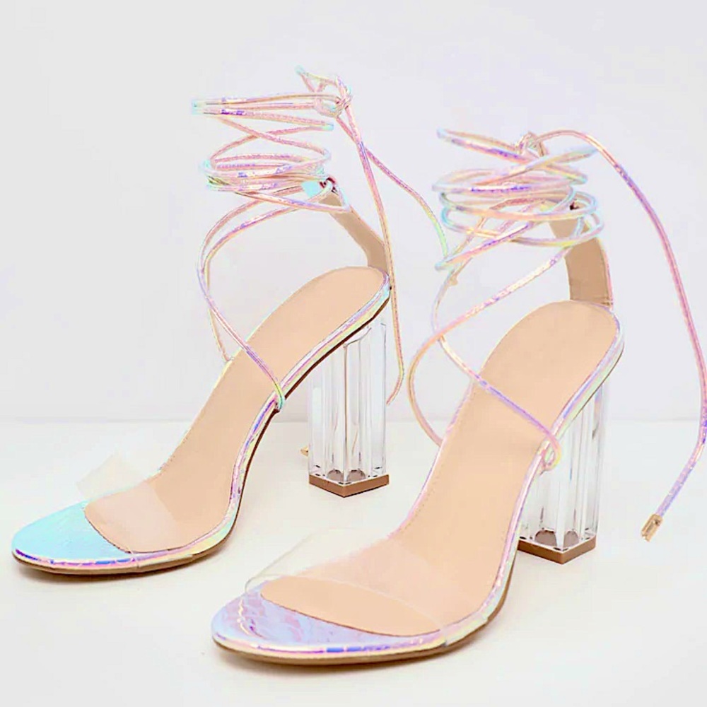 PLT PINK HOLOGRAPHIC SNAKE SKIN CLEAR TIE UP HEELS